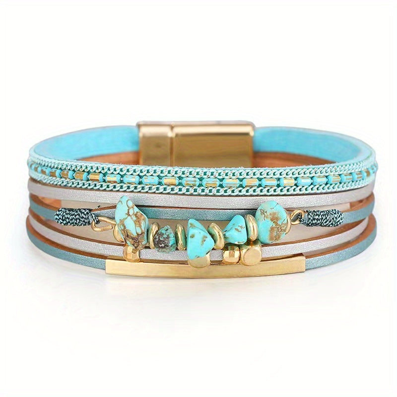 Pulseira Feminina Artesanal Turquesa Irregular Couro Fecho Magnético Boho