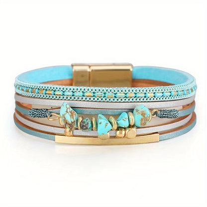 Pulseira Feminina Artesanal Turquesa Irregular Couro Fecho Magnético Boho
