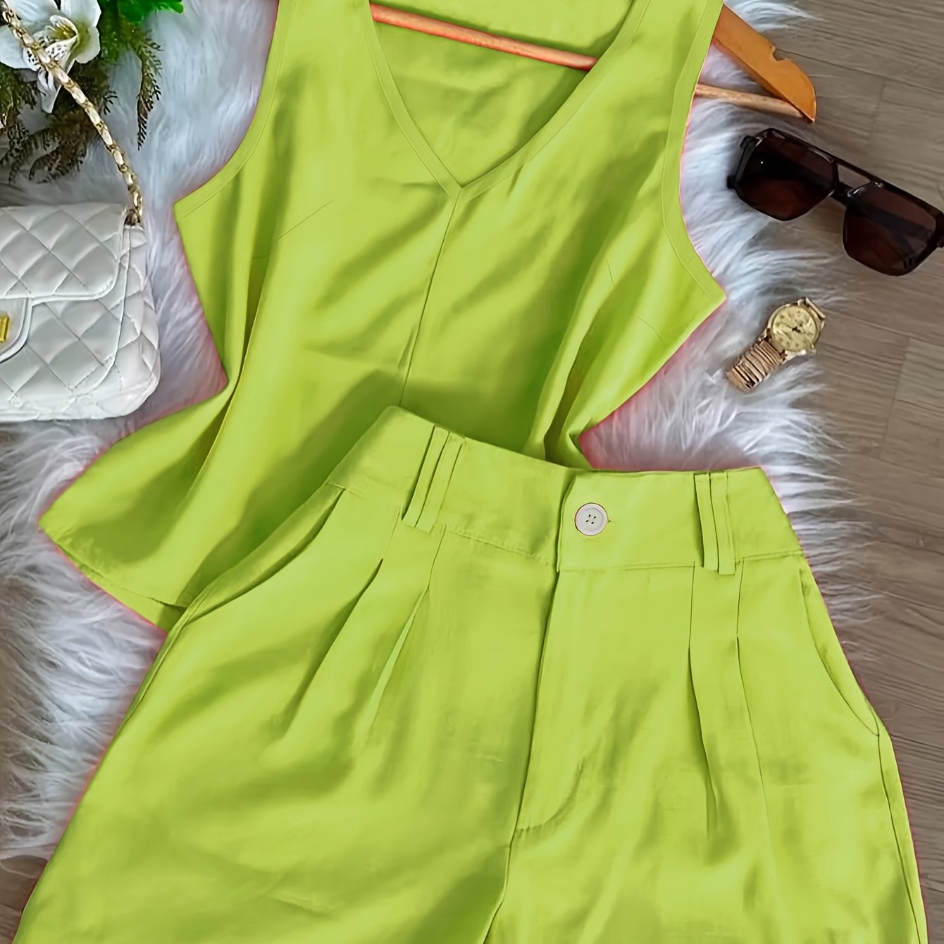 Conjunto Feminino Regata Decote V e Shorts Alfaiataria Casual Verão