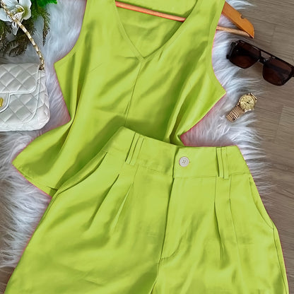Conjunto Feminino Regata Decote V e Shorts Alfaiataria Casual Verão