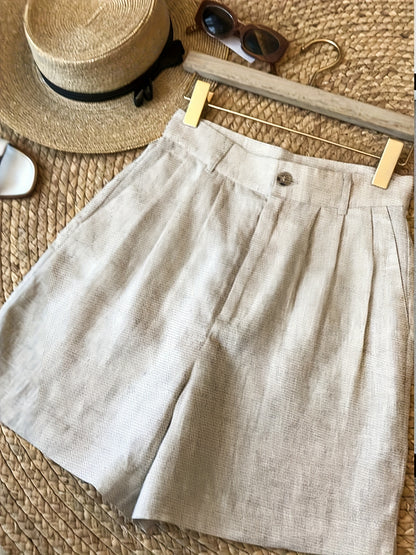 Bermuda Feminina Linho Cintura Alta com Pregas Alfaiataria Casual
