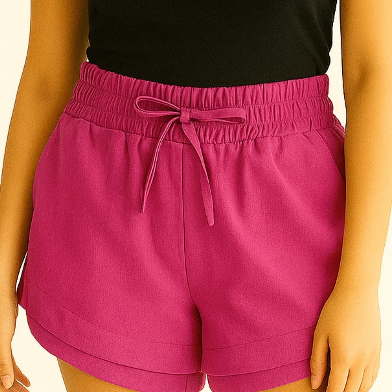 Shorts Feminino Linho Cintura Alta Elástica com Amarração Casual