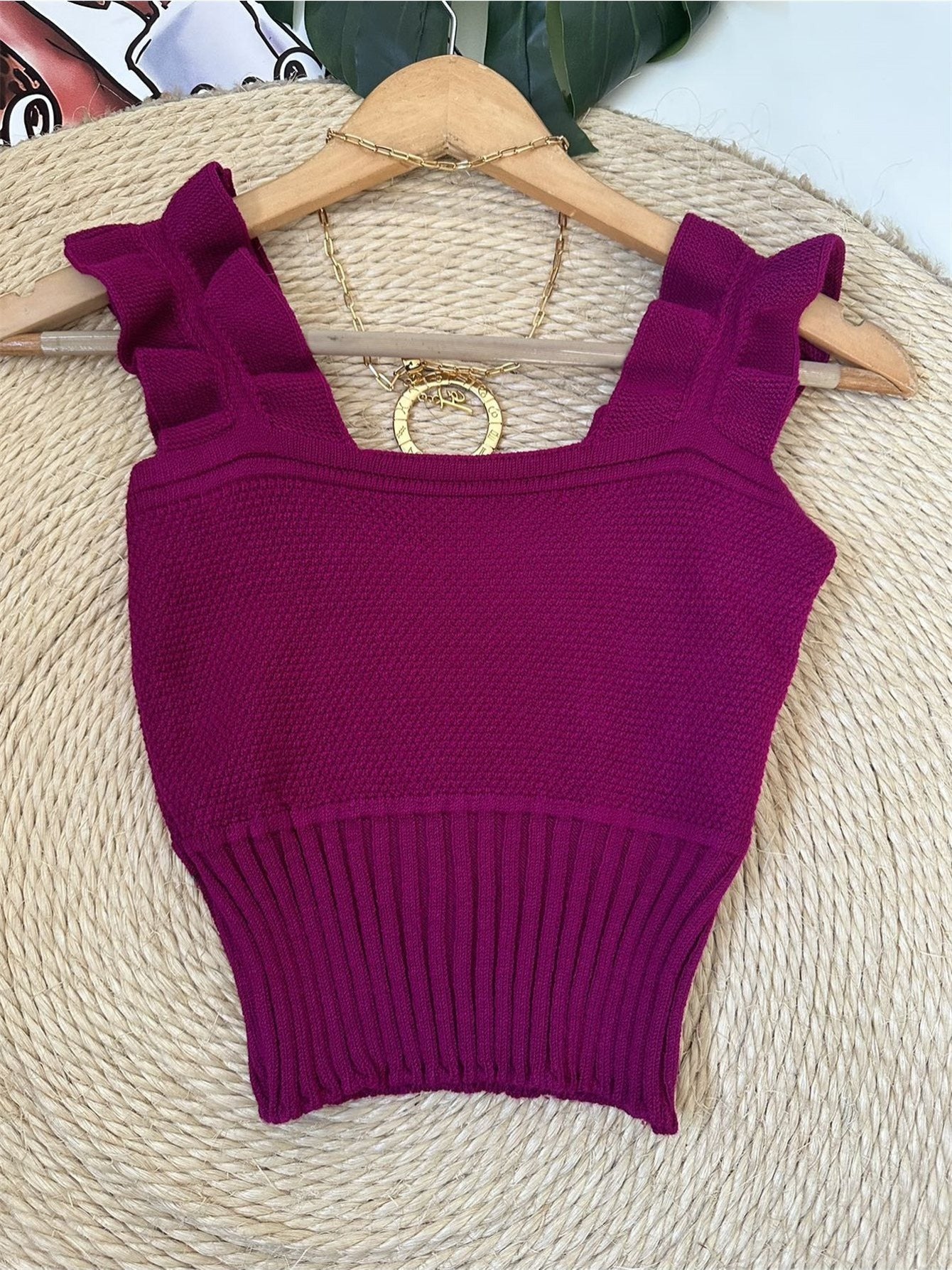Top Cropped Tricot Feminino com Babados nas Alças Canelado Elegante