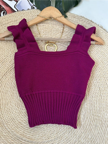 Top Cropped Tricot Feminino com Babados nas Alças Canelado Elegante