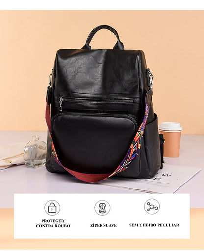 Mochila Feminina Couro Sintético Alça Colorida Trabalho Escola Viagem