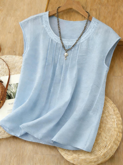 Blusa Feminina Linho Manga Curta com Pregas Frontais e Bordado Casual