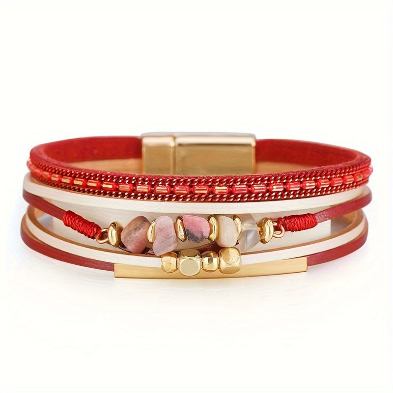 Pulseira Feminina Artesanal Turquesa Irregular Couro Fecho Magnético Boho