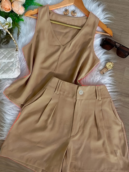 Conjunto Feminino Regata Decote V e Shorts Alfaiataria Casual Verão