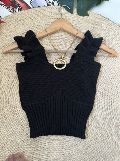 Top Cropped Tricot Feminino com Babados nas Alças Canelado Elegante