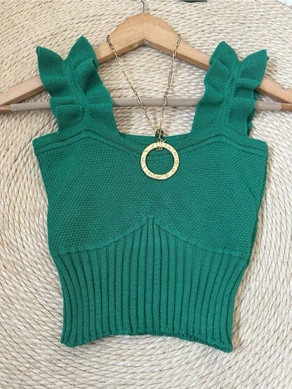 Top Cropped Tricot Feminino com Babados nas Alças Canelado Elegante