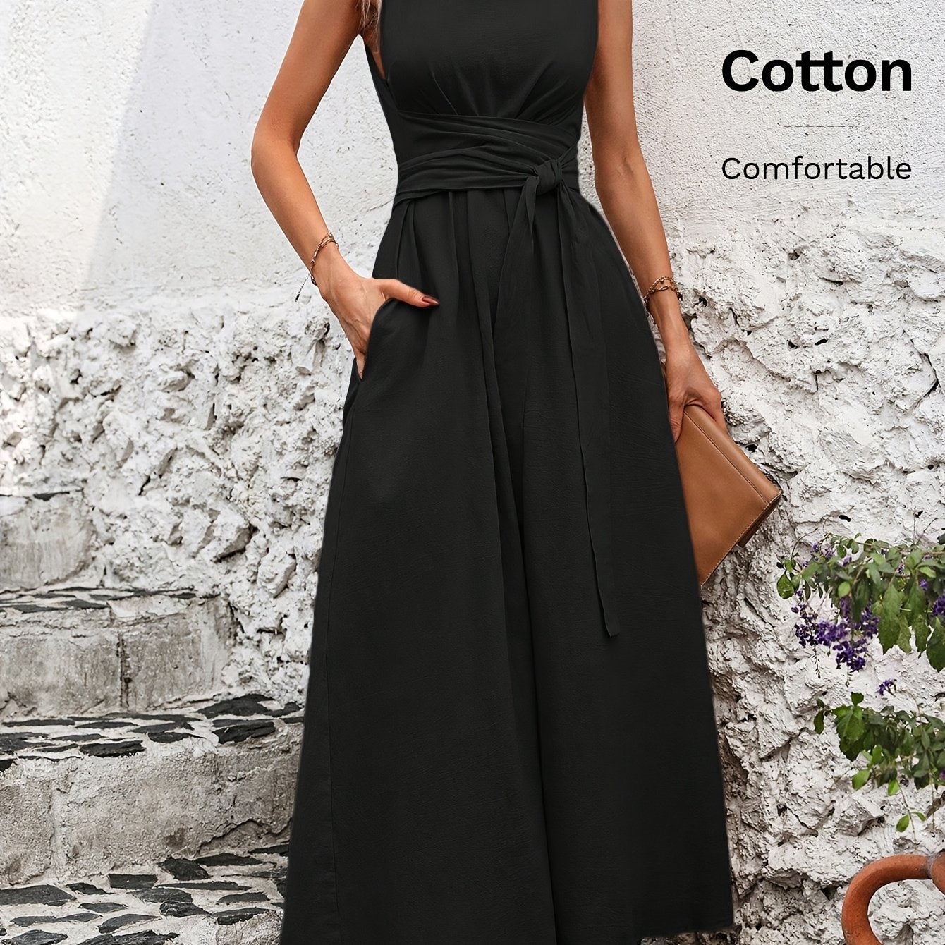 Vestido Casual Sem Mangas com Amarração nas Costas em Cor Sólida