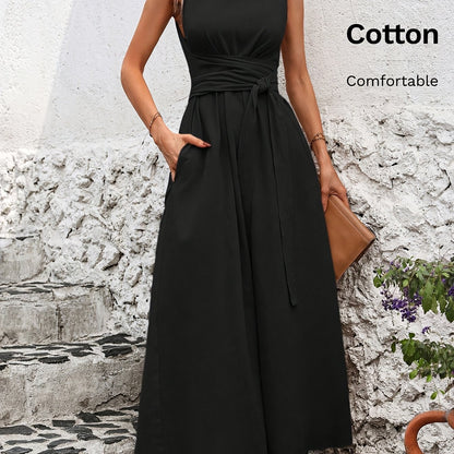 Vestido Casual Sem Mangas com Amarração nas Costas em Cor Sólida