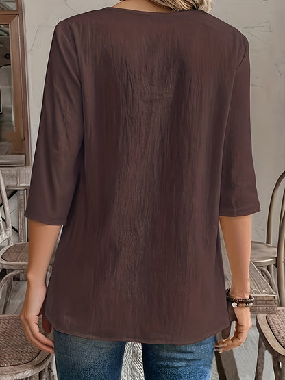 Blusa Feminina Manga 3/4 Decote V com Botões Barra Assimétrica Casual