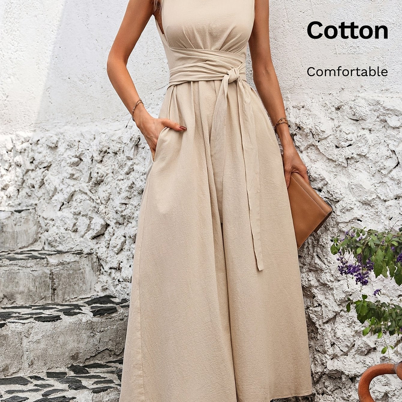 Vestido Casual Sem Mangas com Amarração nas Costas em Cor Sólida