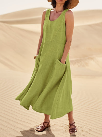 Vestido Longo Linho Casual com Bolsos Decote Redondo Sem Mangas