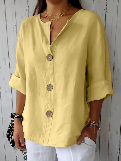 Blusa Feminina Linho Manga 3/4 com Botões Frontais Decote V Casual