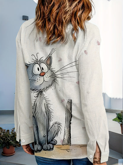 Camisa Feminina Manga Longa Estampa Gato Cinza Casual Oversized