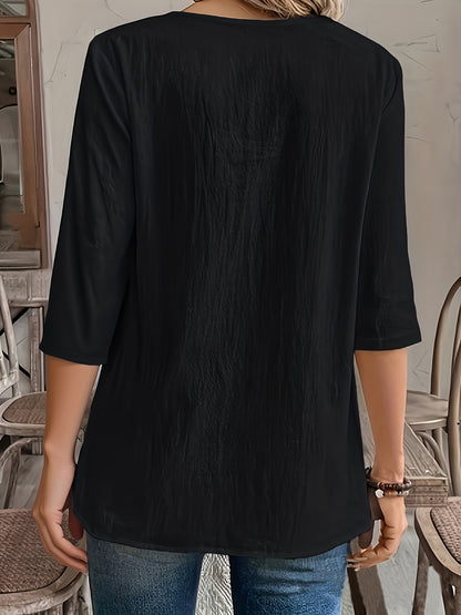 Blusa Feminina Manga 3/4 Decote V com Botões Barra Assimétrica Casual