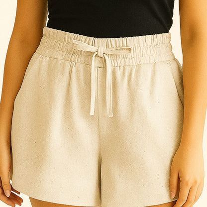 Shorts Feminino Linho Cintura Alta Elástica com Amarração Casual
