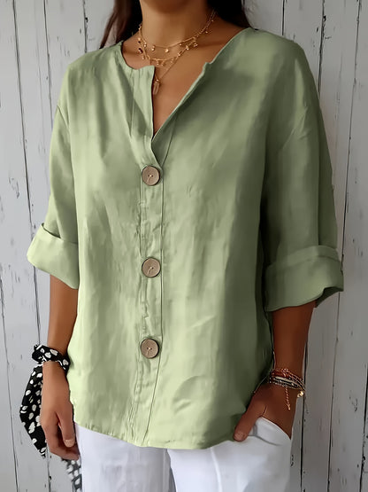 Blusa Feminina Linho Manga 3/4 com Botões Frontais Decote V Casual