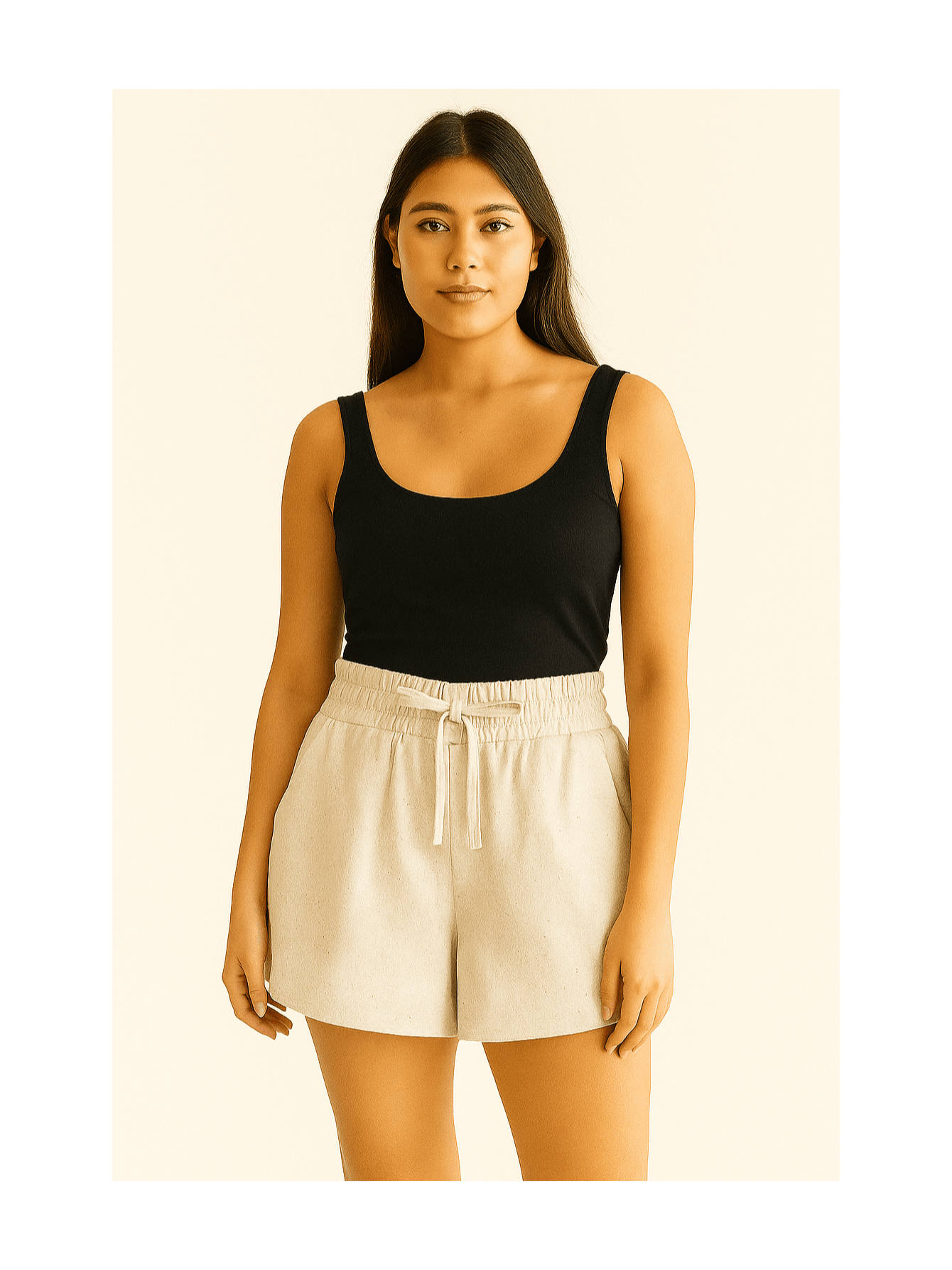 Shorts Feminino Linho Cintura Alta Elástica com Amarração Casual