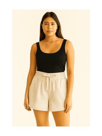 Shorts Feminino Linho Cintura Alta Elástica com Amarração Casual