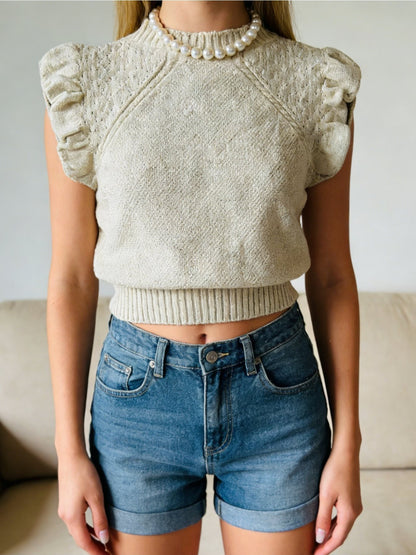 Blusa Tricot Feminina Gola Alta com Babados nas Mangas Sem Mangas