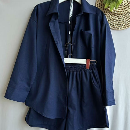 Conjunto Feminino Linho Camisa Manga Longa e Shorts Cintura Elástica Casual