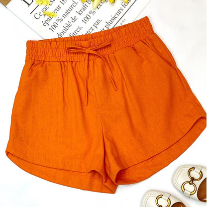 Shorts Feminino Linho Cintura Alta Elástica com Amarração Casual