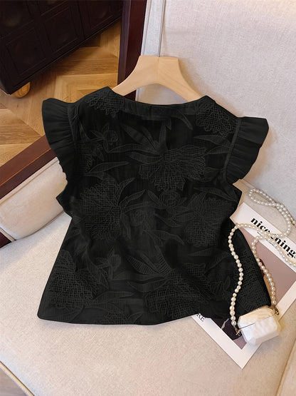 Blusa Feminina Laise Branca Manga Curta com Babados e Botões Romântica