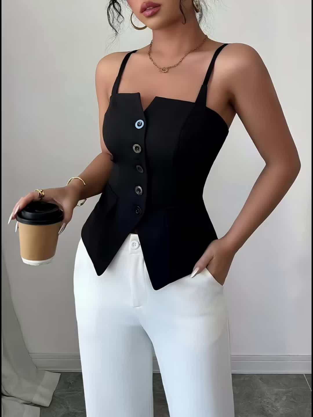 Regata Feminina Alfaiataria Estilo Colete com Botões Frontais Elegante