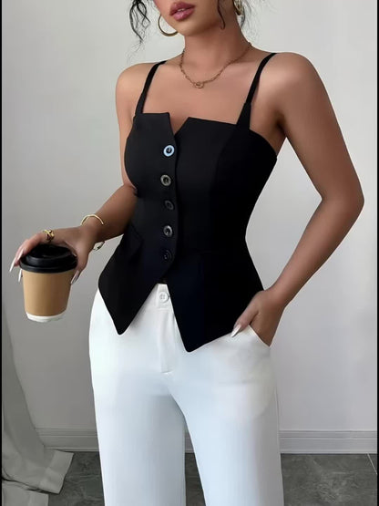 Regata Feminina Alfaiataria Estilo Colete com Botões Frontais Elegante