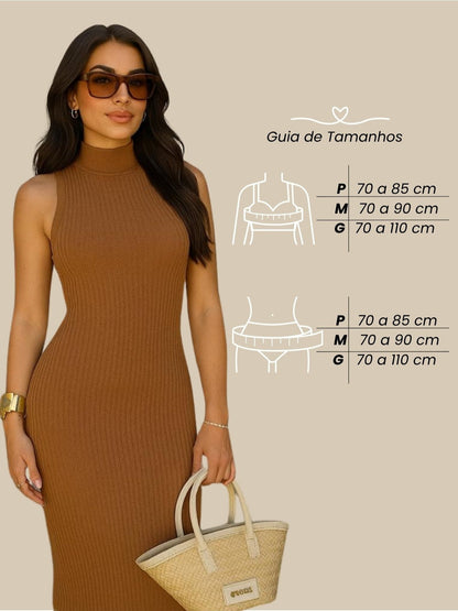 Vestido Midi Tubinho Gola Alta Sem Mangas Canelado Elegante
