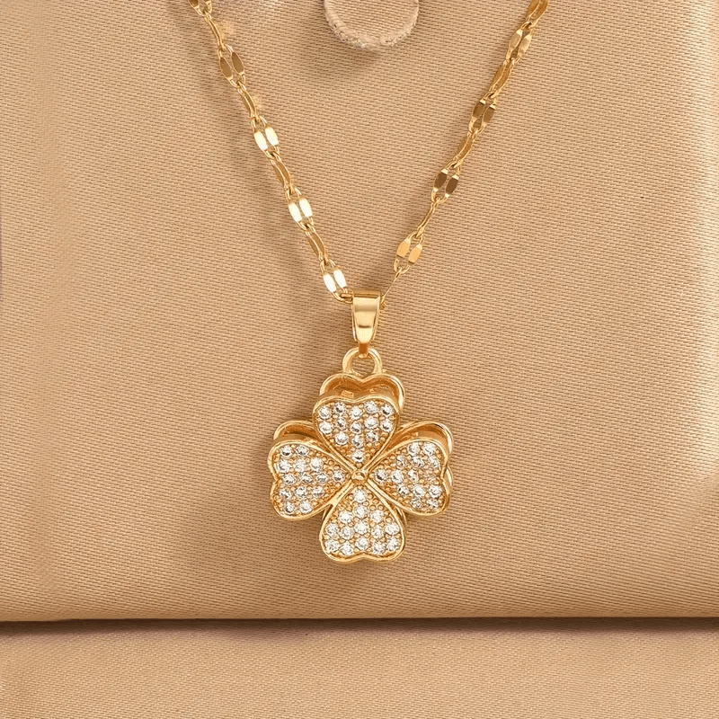Colar Feminino Pingente Trevo 4 Folhas Giratório Aço Titânio Zircônia Alívio Stress
