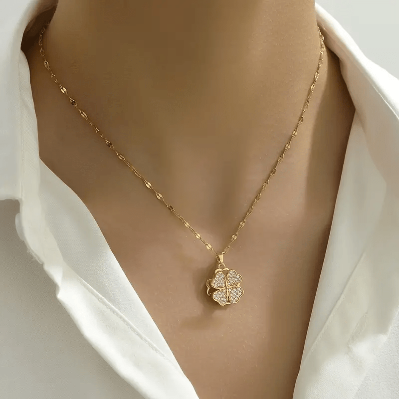 Colar Feminino Pingente Trevo 4 Folhas Giratório Aço Titânio Zircônia Alívio Stress
