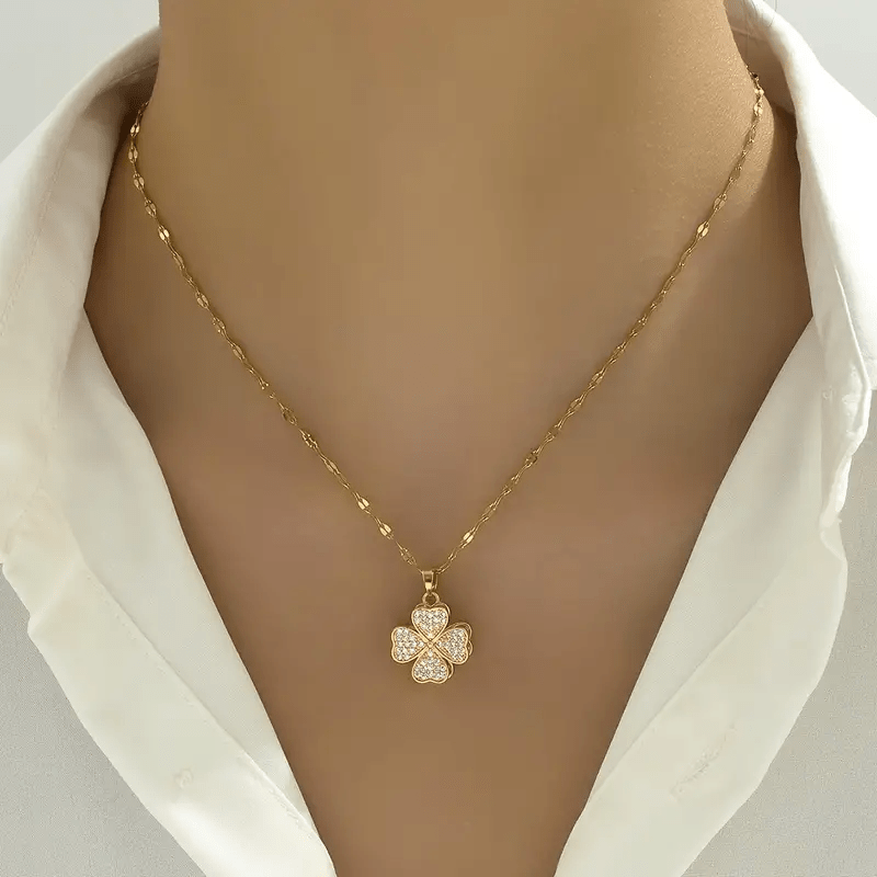 Colar Feminino Pingente Trevo 4 Folhas Giratório Aço Titânio Zircônia Alívio Stress