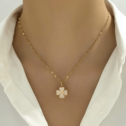 Colar Feminino Pingente Trevo 4 Folhas Giratório Aço Titânio Zircônia Alívio Stress