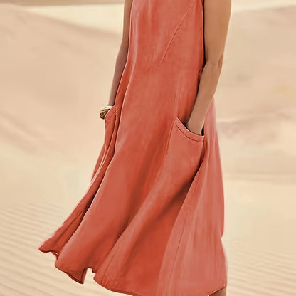 Vestido Longo Linho Casual com Bolsos Decote Redondo Sem Mangas
