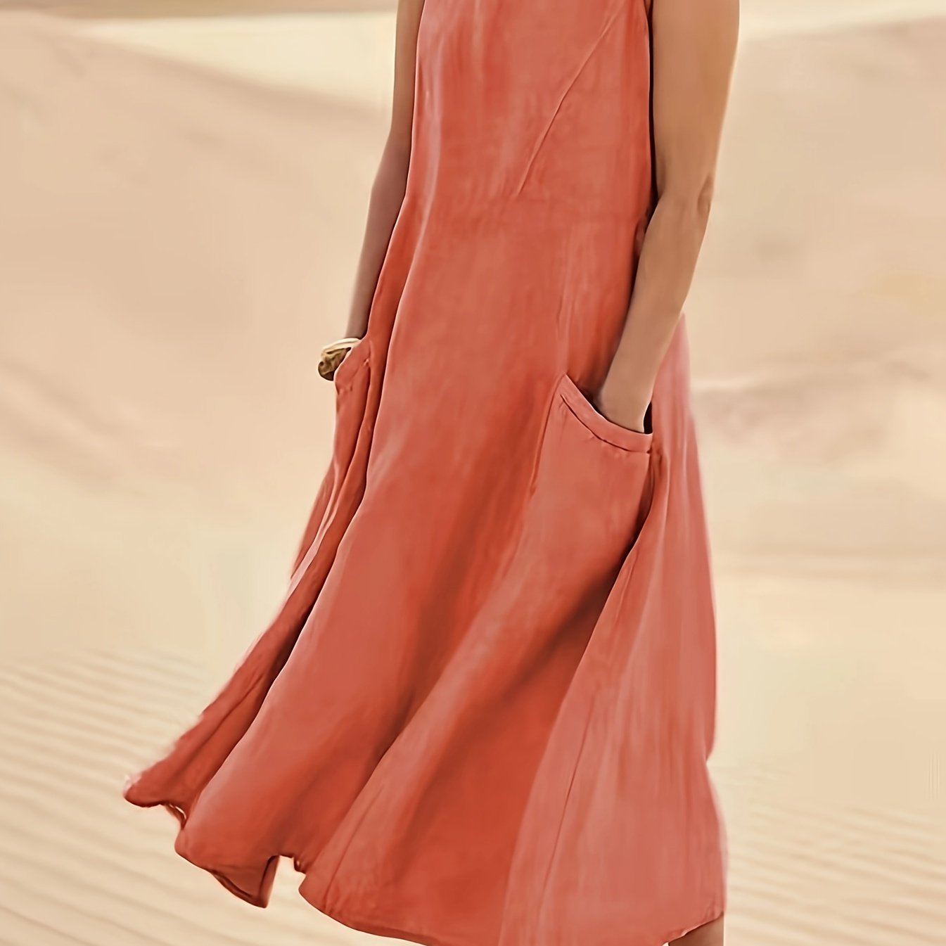 Vestido Longo Linho Casual com Bolsos Decote Redondo Sem Mangas
