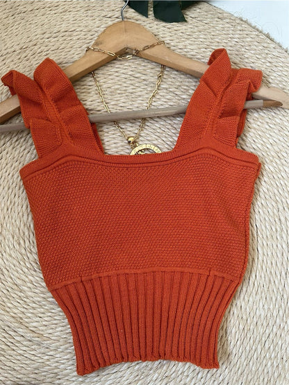 Top Cropped Tricot Feminino com Babados nas Alças Canelado Elegante