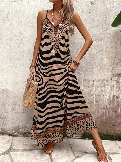 Vestido Longo Animal Print Zebra e Onça com Alças Finas Decote V