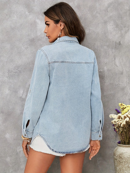 Camisa Jeans Feminina Manga Longa com Bolsos Frontais Casual