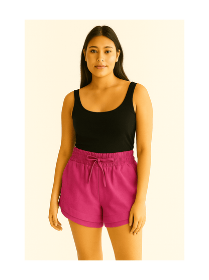Shorts Feminino Linho Cintura Alta Elástica com Amarração Casual