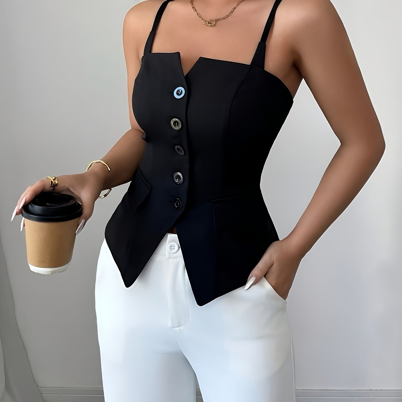 Regata Feminina Alfaiataria Estilo Colete com Botões Frontais Elegante