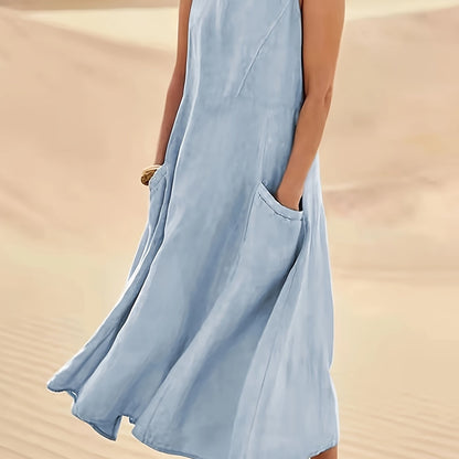 Vestido Longo Linho Casual com Bolsos Decote Redondo Sem Mangas