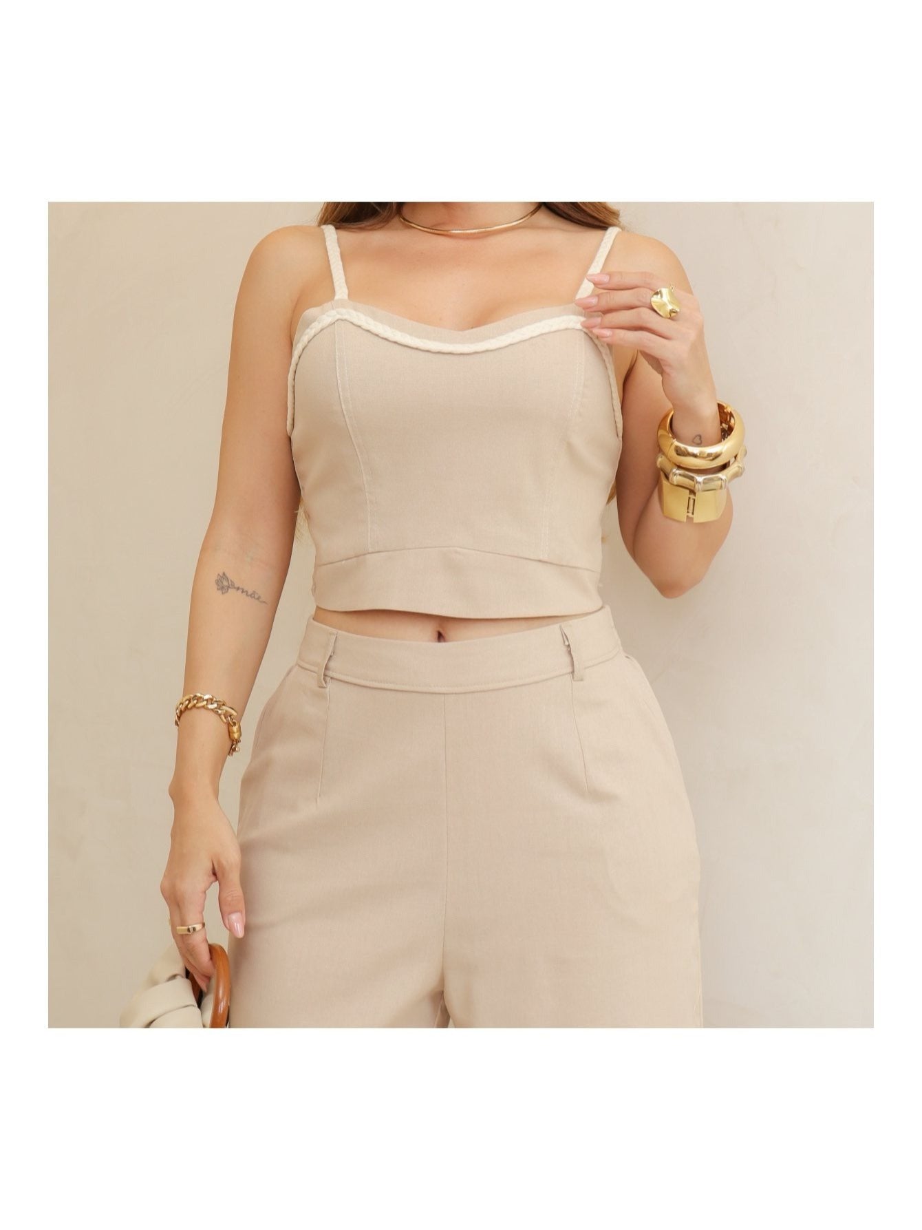 Conjunto Feminino Linho Top Cropped e Calça Pantalona Elegante