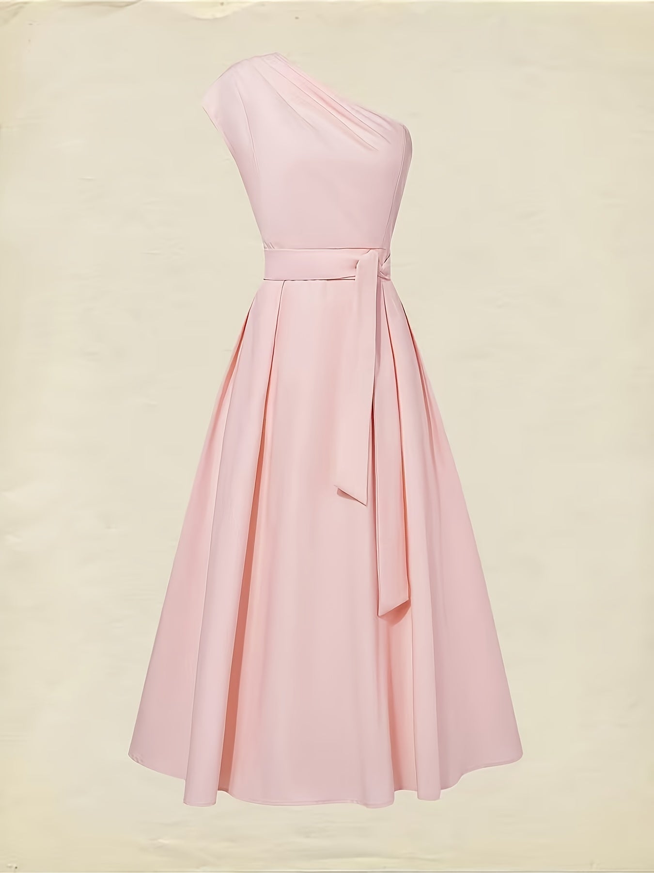 Vestido Midi Ombro Único com Cinto e Bolsos Rosa Elegante
