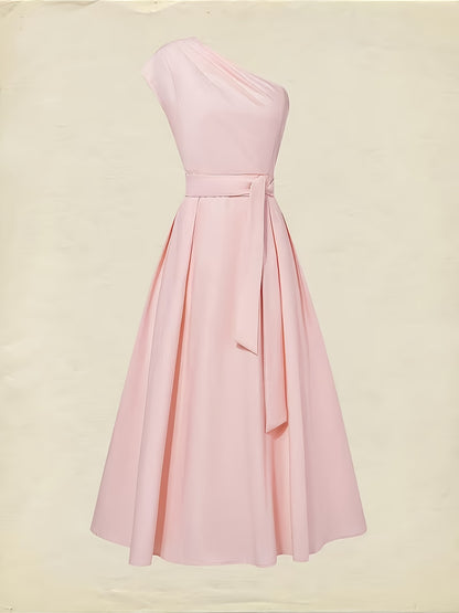 Vestido Midi Ombro Único com Cinto e Bolsos Rosa Elegante