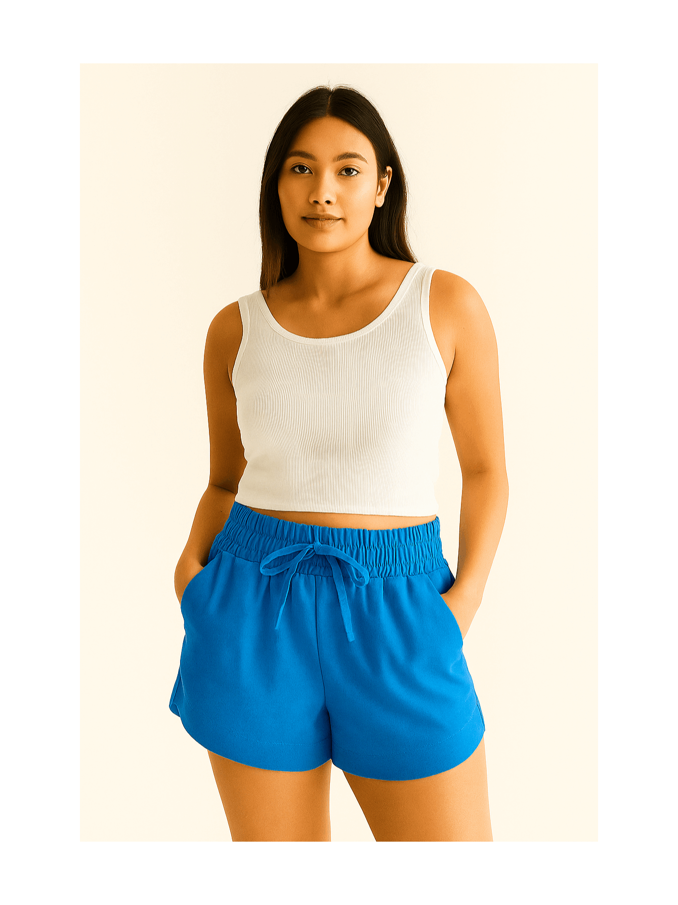 Shorts Feminino Linho Cintura Alta Elástica com Amarração Casual