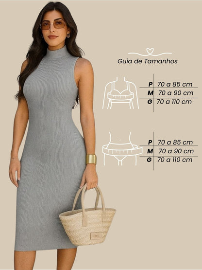 Vestido Midi Tubinho Gola Alta Sem Mangas Canelado Elegante
